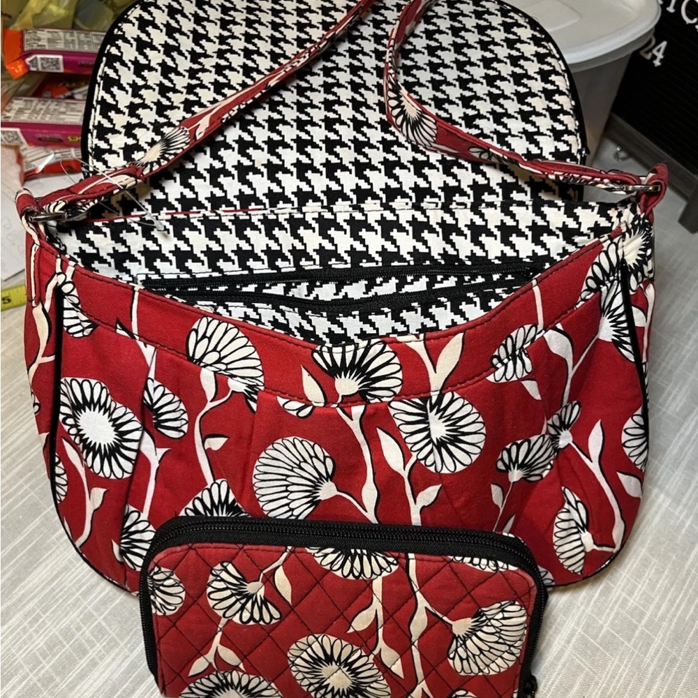 Vera Bradley Red and Black Floral Houndstooth Shoulder Bag and Matching Wallet